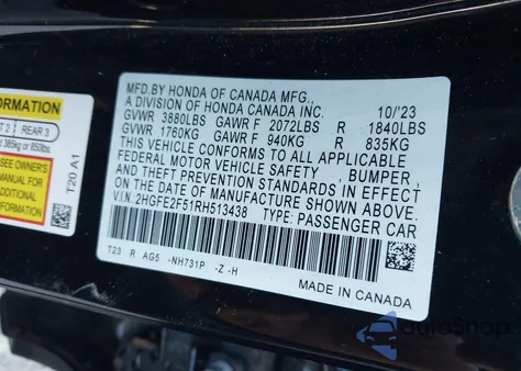 2024 Honda Civic Sport из США, поврежденный, VIN 2HGFE2F51RH513438